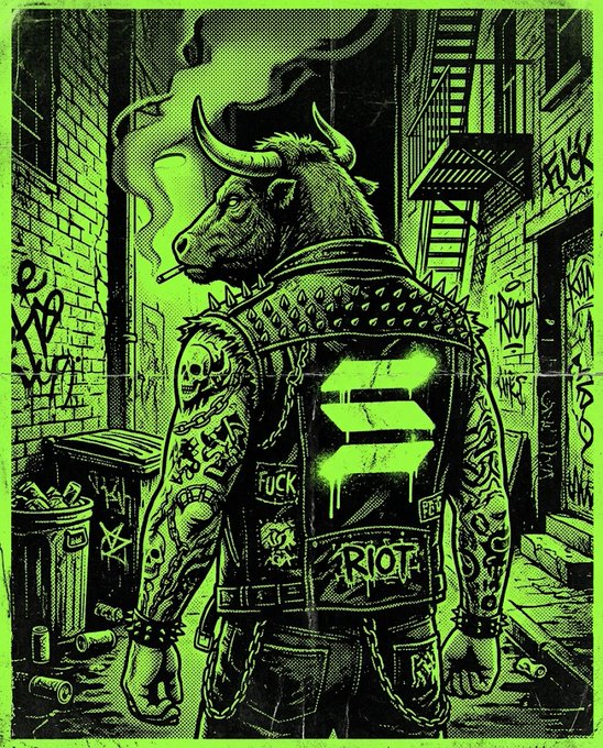 Green and black punk-style illustration of a bull-headed figure in a studded leather jacket with 'RIOT' and 'FUCK' patches, smoking a cigarette in an alleyway.