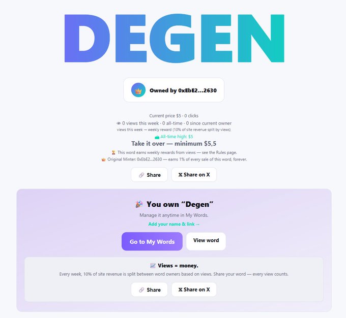 A word ownership page for "DEGEN" showing it is owned by 0xEbE2...2630, with options to share, view, and manage the word, noting current price of $5.5 with 0 clicks.