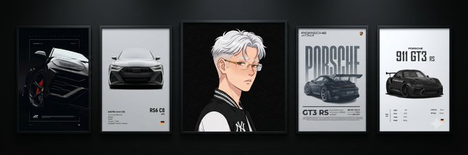 A framed wall display of five prints featuring Porsche cars (RS4 C8, GT3 RS, 911 GT3 RS) and an anime-style character with white hair in a Yankees jacket.