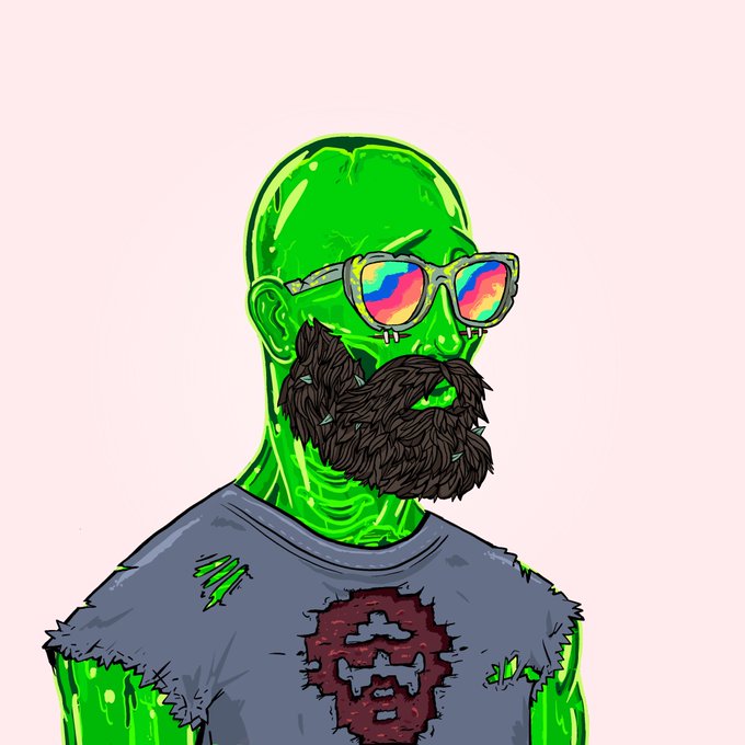 A vibrant cartoon illustration features a bald green-skinned figure wearing reflective rainbow sunglasses, a bushy brown beard, and a tattered gray shirt with a stitched logo, embodying the bold, unconventional aesthetic of the DeGods NFT community in line with the post's "DeGods forever" declaration.