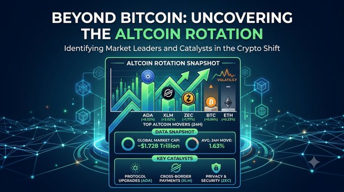 An infographic titled 'BEYOND BITCOIN: UNCOVERING THE ALTCOIN ROTATION' featuring an 'ALTCOIN ROTATION SNAPSHOT' showing top movers ADA (+4.52%), XLM (+4.60%), ZEC (+1.77%), BTC (+0.66%), and ETH (+0.23%), with key catalysts like protocol upgrades, cross-border payments, and privacy/security.