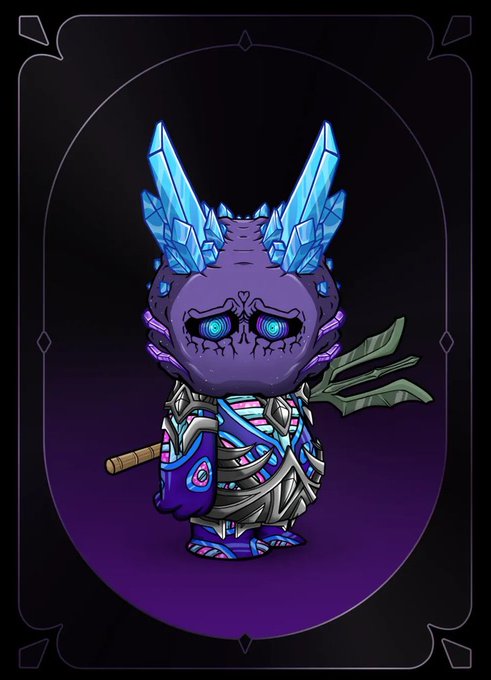 A stylized illustration of a small, purple-skinned character with large glowing blue crystal horns, holding a staff and wearing ornate armor, set against a dark purple background within a decorative frame.