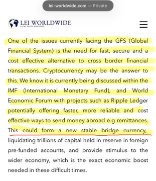 A screenshot of a LEI Worldwide article discusses the need for a faster, cheaper alternative to cross-border transactions and says the IMF may be discussing a “new stable bridge currency” with Ripple. It also states that Ripple holds an official Legal Entity Identifier (LEI).