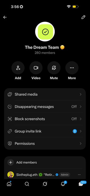 A screenshot of a group chat interface called 'The Dream Team' with 280 members. The screen shows options for Add, Video, Mute, and More, along with settings for shared media, disappearing messages, blocking screenshots, and group invite link.