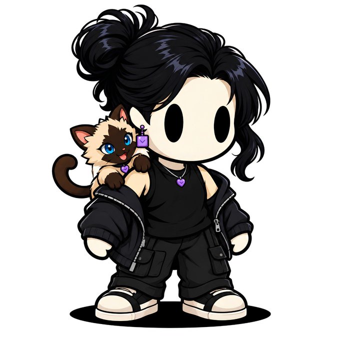 A chibi-style cartoon character with black hair in a bun wears an all-black outfit and holds a small Siamese cat with a purple heart tag.
