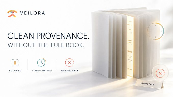 An advertisement for "VEILORA" titled "CLEAN PROVENANCE. WITHOUT THE FULL BOOK." highlights features "SCOPED," "TIME-LIMITED," and "REVOCABLE," showing a book with an "AUDITOR" card.