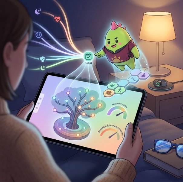 An illustrated scene shows a person holding a tablet displaying a glowing tree visualization with 'recovery score' and 'potential future improvements' gauges, while a green cactus-like character in a red hoodie points to a 'habit' icon with colorful streams connecting to various emotional symbols.