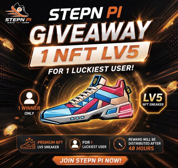 A promotional graphic for a "STEPN PI GIVEAWAY" featuring a vibrant blue, pink, and orange LV5 NFT sneaker, advertising that 1 lucky winner will receive the premium NFT sneaker with rewards distributed after 48 hours. The bold orange and black design includes a "JOIN STEPN PI NOW!" call-to-action button and icons highlighting the premium NFT, single winner selection, and 48-hour distribution timeline.