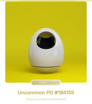A digital NFT artwork showing a white egg-like object with a large black eye on a yellow background, labeled 'Uncommon PO #194155' with 'LIFE 100.00%' and an Orbitian Slab NFT identifier.
