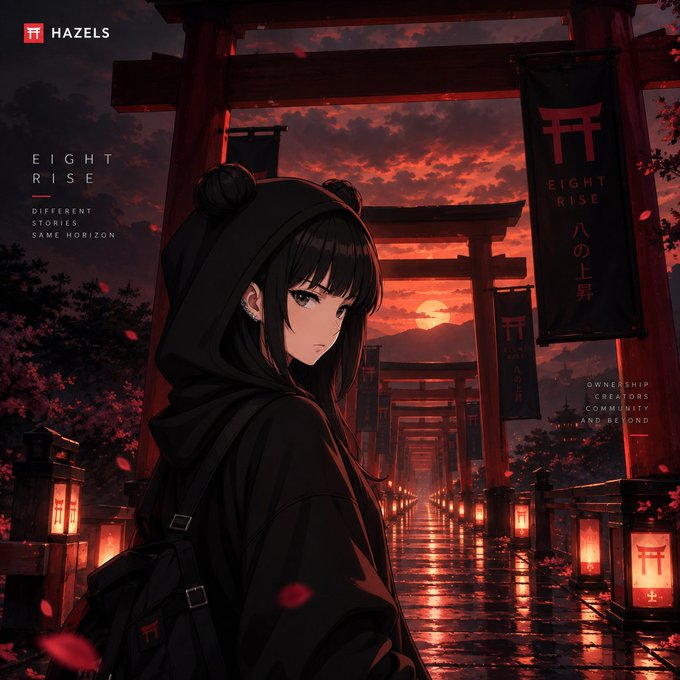 An anime-style illustration shows a hooded girl in dark clothing standing before a pathway lined with glowing lanterns and red torii gates under a sunset sky, with "HAZELS" and "EIGHT RISE" text visible.