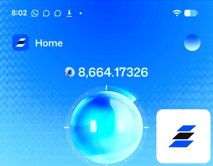A screenshot of a cryptocurrency app interface named "Home" displaying a balance of 8,664.17326 with a central animated blue orb design.