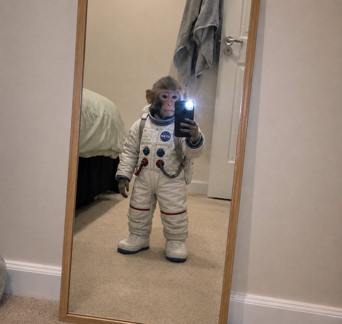 A monkey dressed in a NASA astronaut suit takes a mirror selfie with a phone, capturing its full reflection in a bedroom setting. The image plays on the "$moonkey" caption, blending the "monkey" mascot theme with a space-exploration twist.