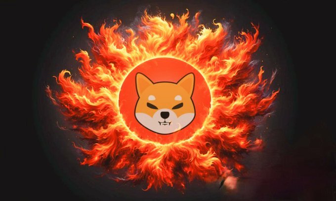 A Shiba Inu coin (resembling the $SHIB cryptocurrency token) is engulfed in vibrant, fiery flames against a black background. The intense, blazing sun-like imagery visually amplifies the post's celebration of $SHIB's massive 30000% price pump tied to #Shibarium.