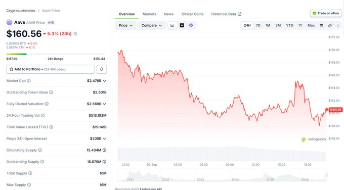 A cryptocurrency price tracking webpage displaying the Aave (AAVE) token at $160.56, showing a 5.3% (24h) decline with a red price chart and various metrics including 24H Volume ($313.193M) and Circulating Supply (15.434M).
