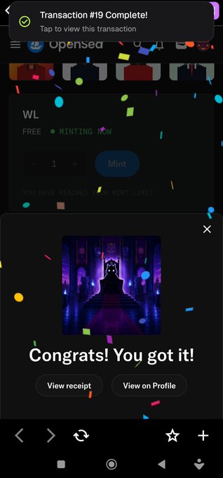 A mobile screen showing an NFT minting confirmation with a transaction complete notification at the top reading 'Transaction #19 Complete!' and 'Congrats! You got it!' displayed below an image of a black cat on a throne, with options to 'View receipt' and 'View on Profile'.