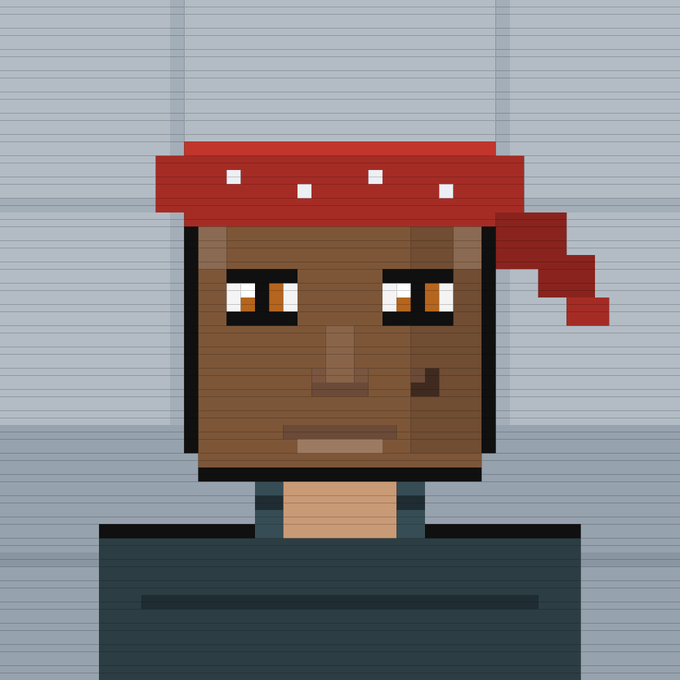 A pixel art illustration of a brown-skinned character wearing a red bandana with white dots, sitting at a desk in front of a window.