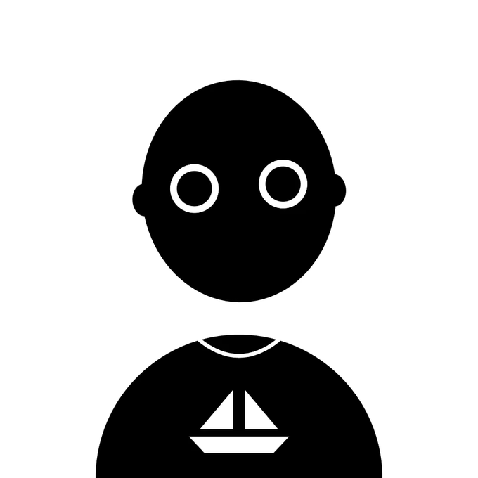 A simple black silhouette icon of a person wearing glasses with a sailboat symbol on their shirt.