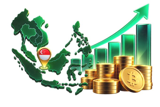 A graphic illustration depicting the green map of Southeast Asia with a Singapore flag pin marker, alongside stacks of gold Bitcoin coins, rising green bar charts, and an upward-pointing green arrow representing economic growth.