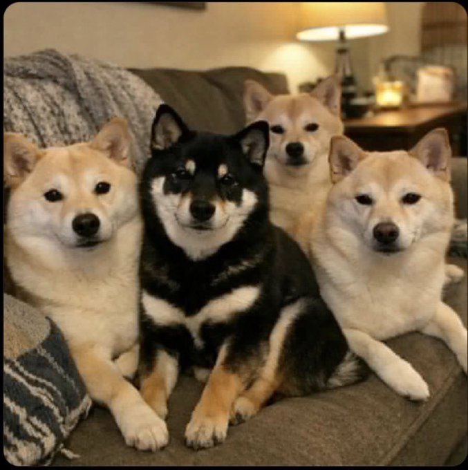 Four Shiba Inu dogs, including one black-and-tan Shiba alongside three cream-colored ones, pose together on a couch — visually riffing on the "Dark Shiba" mascot branding of the $MANYU meme coin highlighted in the post.