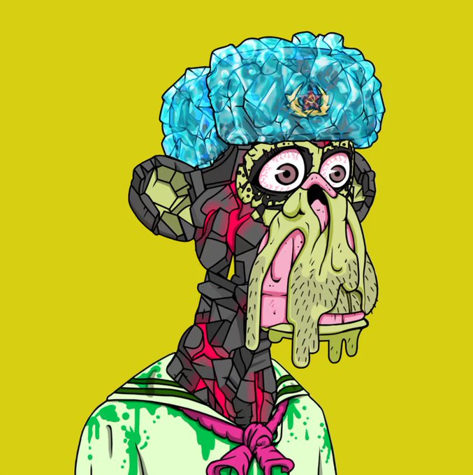 The image features a cartoon monkey wearing a hat with blue jewels and a bowtie. The monkey has a face painted on its head that looks like it's crying or squinting. The background of the image is yellow, which contrasts with the colorful attire of the monkey. There are also some text elements in the image, including "Lately, I've noticed that a lot of folks in the Chinese community are picking up Monkey NFTs", and "Call it a double dip: One side dipping into Ether, The".