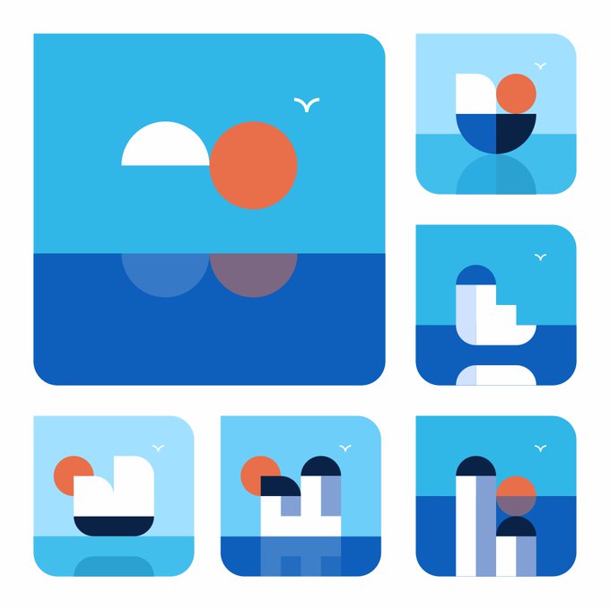 A minimalist illustration of boats with sails passing suns against blue sea and sky backgrounds, arranged in a grid of six rounded tiles with a larger featured tile on the left.