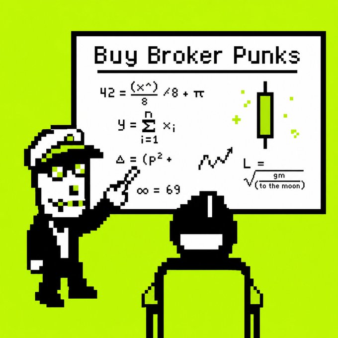 A pixel art style image with a bright green background showing a skeleton-like character pointing to a whiteboard titled "Buy Broker Punks" that contains various nonsensical mathematical equations, including "42 = (x^)/8 + π" and "y = Σx_i," alongside a chart graphic and a seated figure.
