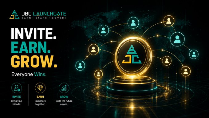 A promotional graphic for "JBC LAUNCHGATE" with the tagline "INVITE. EARN. GROW. Everyone Wins." featuring a glowing gold emblem connected to user icons across a world map, illustrating the post's message about building a global network where each member's involvement contributes to a larger movement—mirroring the "JBC Army" call to connect, contribute, and grow together.