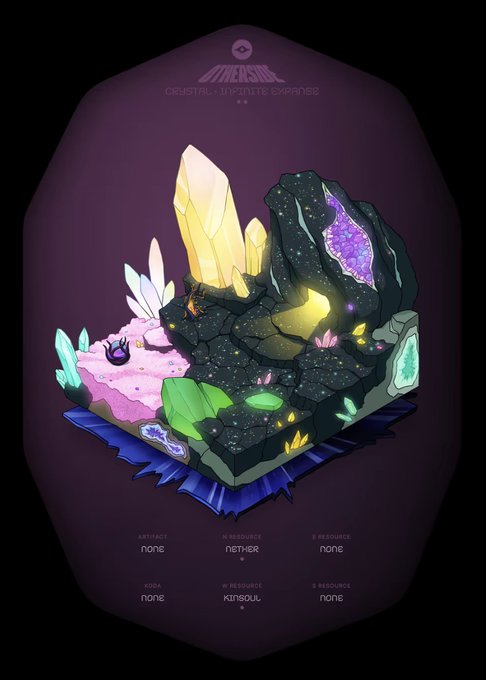A digital art piece labeled 'CRYSTAL - INFINITE EXPANSE' depicting an isometric scene with yellow crystals, rocks, and a purple portal, with labels 'nether' and 'kinsoul' at the bottom.