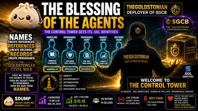 A promotional graphic titled "THE BLESSING OF THE AGENTS" advertises "THEGOLDSTONIAN" and "SGCB" tokens, listing five .sol identity agents (Enoch, Adversarial, Provenance, Market, Doctrine) with their .sol domains and including various crypto metrics like market cap and supply.