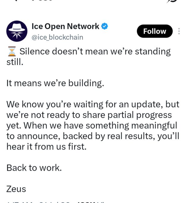 A post from 'Ice Open Network' (@ice_blockchain) stating 'Silence doesn't mean we're standing still. It means we're building,' signed by Zeus.