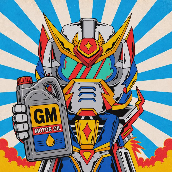 A pop-art style illustration of a Gundam-style mecha robot holding a jug labeled 'GM MOTOR OIL' against a blue and white sunburst background.