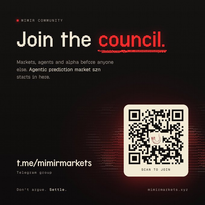 A promotional graphic for the 'Mimir Community' reading 'Join the council.' with a Telegram link (t.me/mimirmarkets) and a QR code.