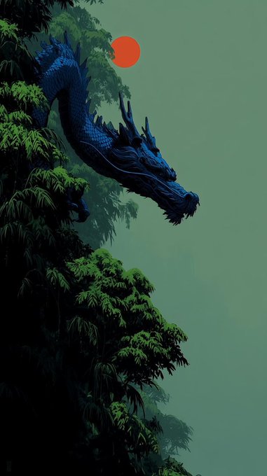 Stylized illustration of a blue eastern dragon peering down from a lush green cliffside against a green sky with a red sun.