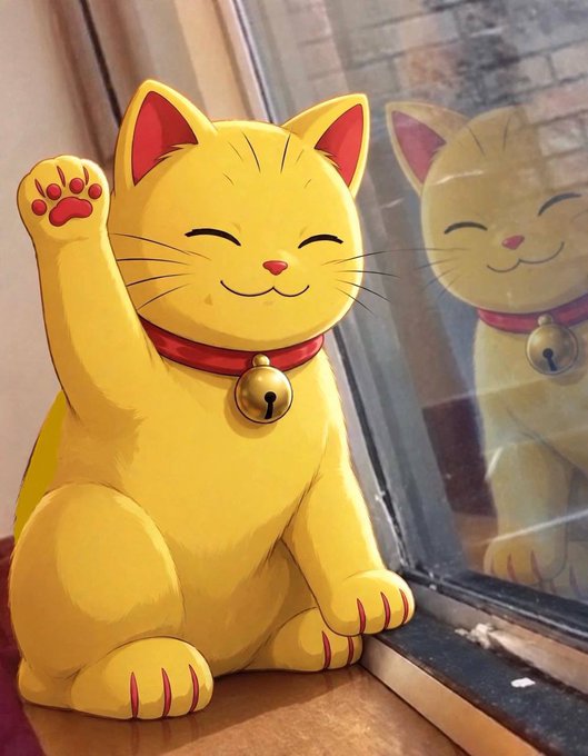 A yellow Maneki-neko (lucky cat) figurine with a red collar and bell sits on a windowsill, waving its paw next to its reflection in the glass.