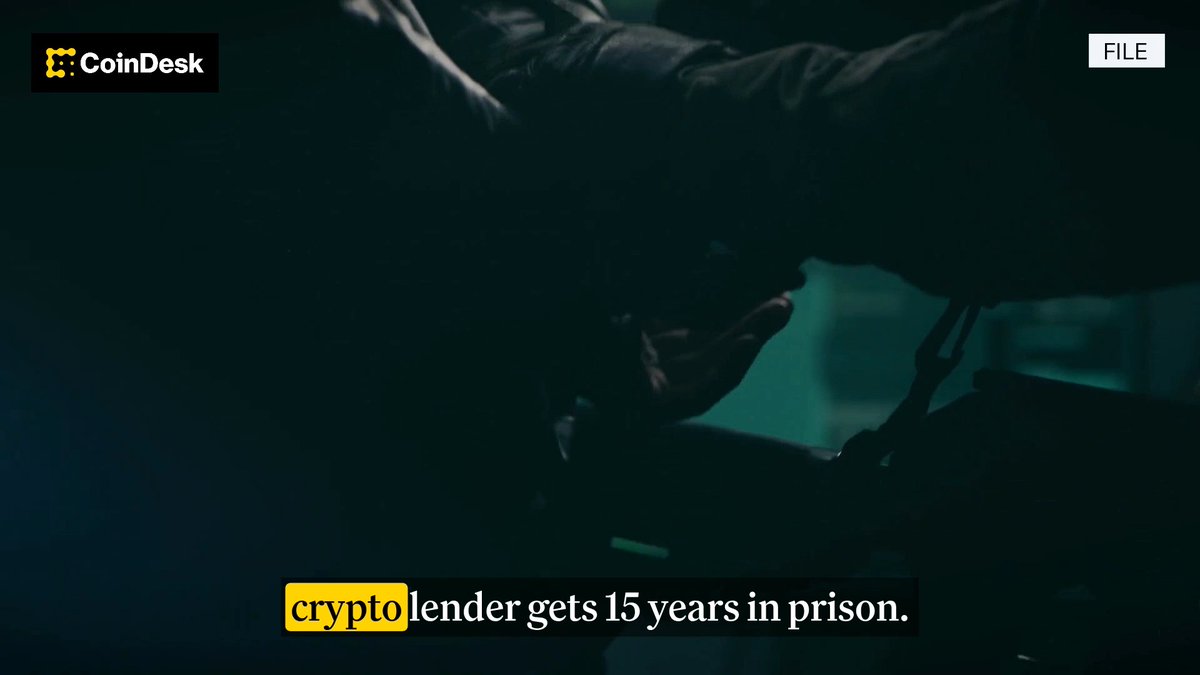 A darkly-lit image shows a person in handcuffs, overlaid with the headline "crypto lender gets 15 years in prison." and the CoinDesk logo, illustrating the news story about Delio CEO receiving a 15-year prison sentence for a $50 million fraud.