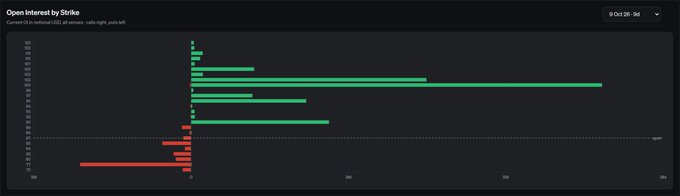 A dark-themed horizontal bar chart titled "Open Interest by Strike" displays HYPE options data with strikes ranging from approximately $77 to $98, where the largest green (call) bars cluster heavily at the $90-$97 strikes—corroborating the post's note that the top three most-active HYPE call contracts are the $90, $95, and $97 strikes expiring October 9th—while a cluster of red (put) bars appears at the lower $77 strike level, consistent with the bearish $77 put mentioned in the caption.