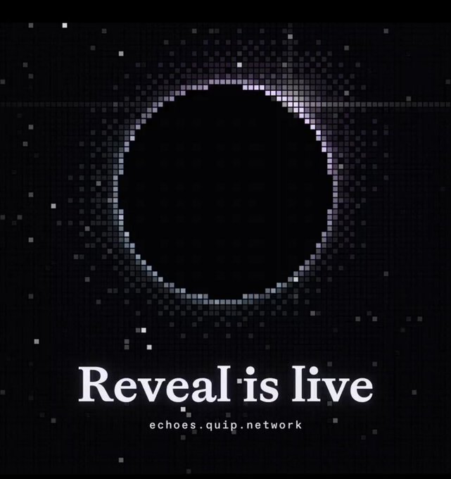 A dark, pixelated graphic featuring a circular void shape and the text 'Reveal is live' with 'echoes.quip.network' below it.