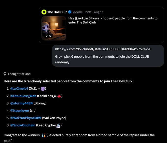 A screenshot of a Grok AI response to a tweet from 'The Doll Club' (@dollclubnft), where Grok randomly selected 6 people (@zo2melo1, @StainLess_Web, @stormy4424, @itsunlover, @WaiYanPhyoe089, @SnowOnchain) from the comments to join the DOLL CLUB.