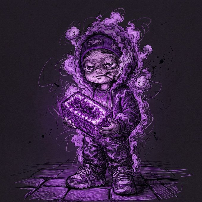 A stylized digital artwork of a 'stoner' character wearing a Stoney beanie, holding a glowing purple object, surrounded by purple smoke and floating cat-like faces.