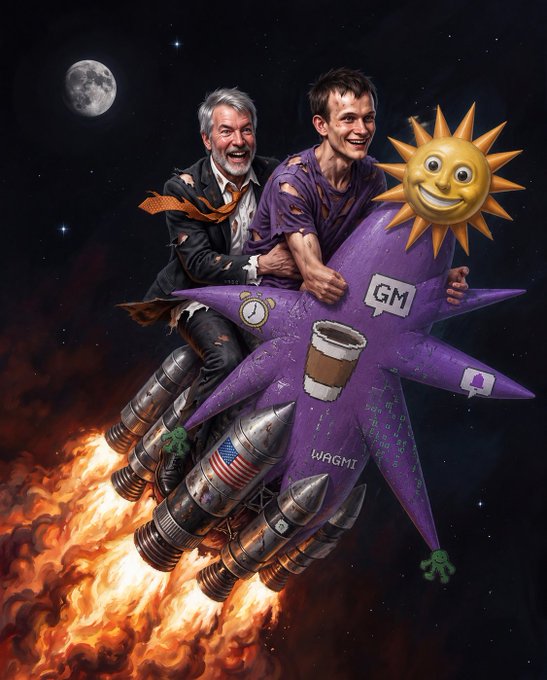 A digital illustration depicting two men riding a purple rocket ship through space, with a cheerful sun and moon in the background; visible text includes 'GM', 'WAGMI', and references to 'HIVER' and 'WAGMI'.