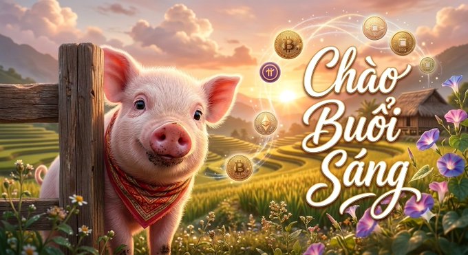 A digital illustration of a smiling pig with a red bandana by a wooden fence in a sunny field, with Vietnamese text 'Chào Buổi Sáng' and floating cryptocurrency logos.