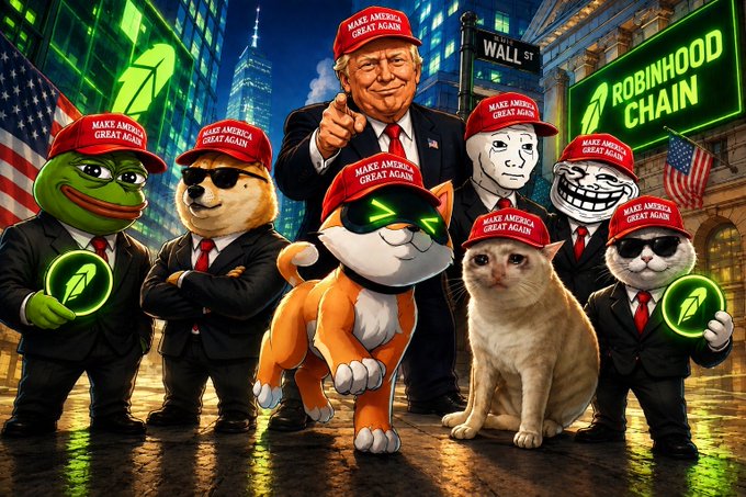 A digitally rendered promotional image features Donald Trump alongside various meme characters (including Pepe, Wojak, Doge, and a cat) all wearing "Make America Great Again" hats and holding green upward-arrow icons, standing in front of a neon-lit Wall Street backdrop with "Robinhood Chain" signage and an American flag. The image directly visualizes the post's announcement about the $MAGA token transitioning from Ethereum to the Robinhood Chain, using the political and meme iconography to reinforce the project's branding and "new chain, same energy" message.