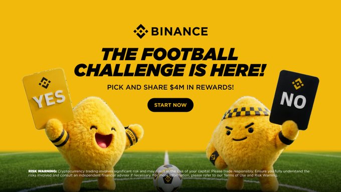 The image features two cartoon characters, a yellow one holding a soccer ball and a black one with a "no" written on its face. The background of the image shows a soccer field with a goalpost visible behind the characters. The text on the image reads "Binance The Football Challenge is here! Pick and share $4M rewards! Start now!"
