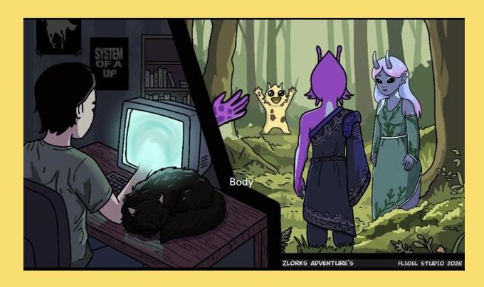 Split illustration from "ZLORKS ADVENTURE'S" by Fliqcl Studio 2026 showing a person at a computer with a cat on the left, and fantasy characters (a purple horned being and a green-cloaked figure with a yellow creature) in a forest on the right.