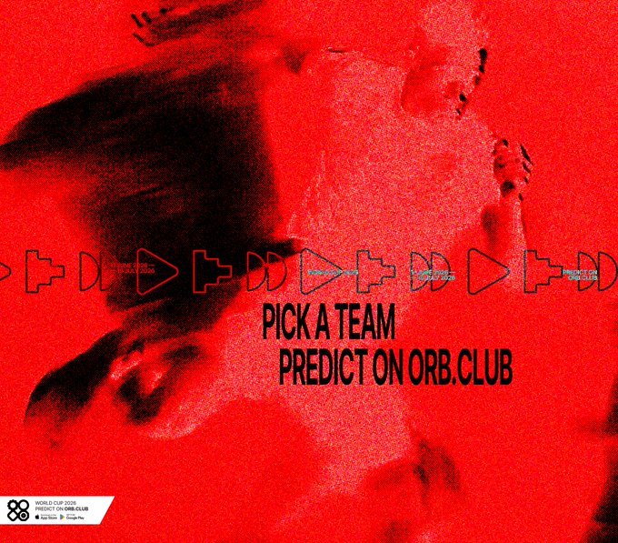 This abstract red image features the text "PICK A TEAM" and "PREDICT ON ORB.CLUB," related to the post's mention of a "WORLD CUP 2026" and winning predictions.