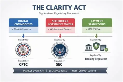 An infographic titled 'THE CLARITY ACT Crypto Asset Regulatory Framework' showing how digital commodities, securities/investment tokens, and payment stablecoins are regulated by the CFTC, SEC, and Banking Regulators respectively.