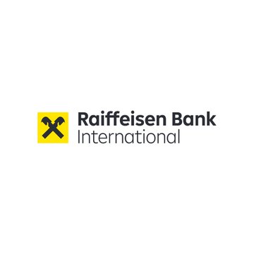 The Raiffeisen Bank International logo displayed on a white background, featuring the yellow square emblem with crossed hammers.