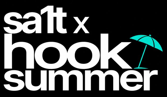 The image features a black background with white text that reads "salt x hook summer" written in all capital letters, which appears to be a promotional slogan for an event or product related to surfing or beach activities. The text also includes a small blue umbrella symbolizing a beach setting and the word "Summer".
