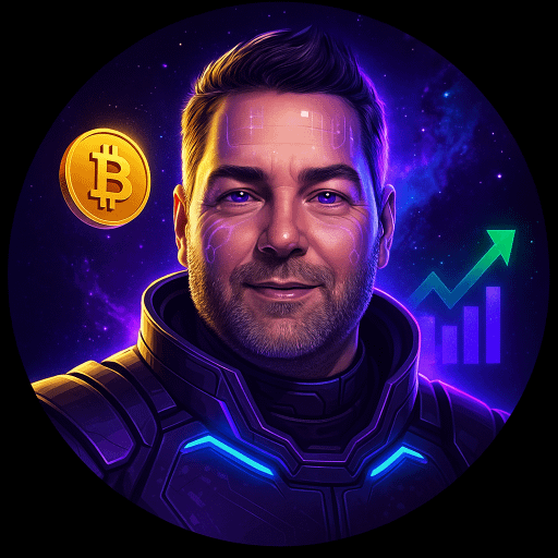 A stylized circular portrait features a futuristic man in cyber armor with glowing purple circuitry against a cosmic background, accompanied by a golden Bitcoin (₿) coin and an upward-trending green arrow with bar chart. The image complements the "New to GoMining?" post by visually reinforcing themes of cryptocurrency mining and potential growth, inviting newcomers to inquire about the platform.