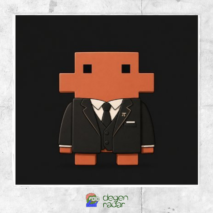 Digital artwork of an orange pixelated character wearing a black business suit with a pi symbol lapel pin, labeled 'degen radar' at the bottom.